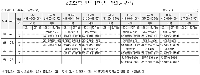 2022학년도 1학기 강의시간표